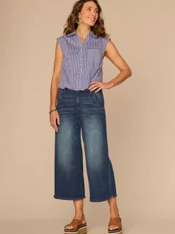 Sleeveless Smocked Collar Button Down Striped Petite Woven Shirt