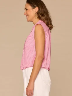 Sleeveless Smocked Collar Button Down Striped Petite Woven Shirt