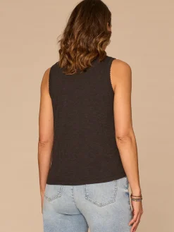 Sleeveless Sweetheart Neck Shell Tuck Embroidered Knit Tank Top