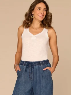 Sleeveless Sweetheart Neck Shell Tuck Embroidered Knit Tank Top