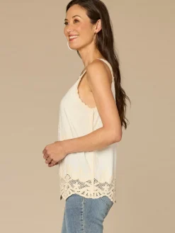 Sleeveless V-Neck Embroidered Scallop Edge Hem Woven Petite Tank Top