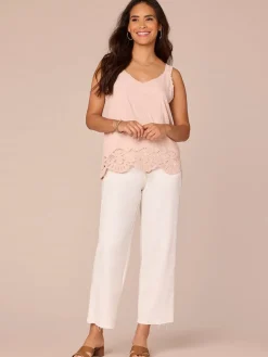 Sleeveless V-Neck Embroidered Scallop Edge Hem Woven Tank Top