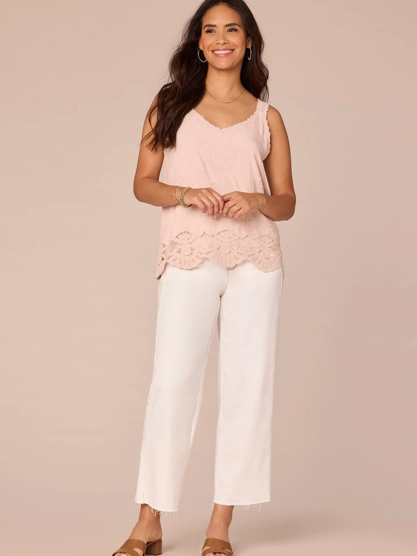 Sleeveless V-Neck Embroidered Scallop Edge Hem Woven Tank Top