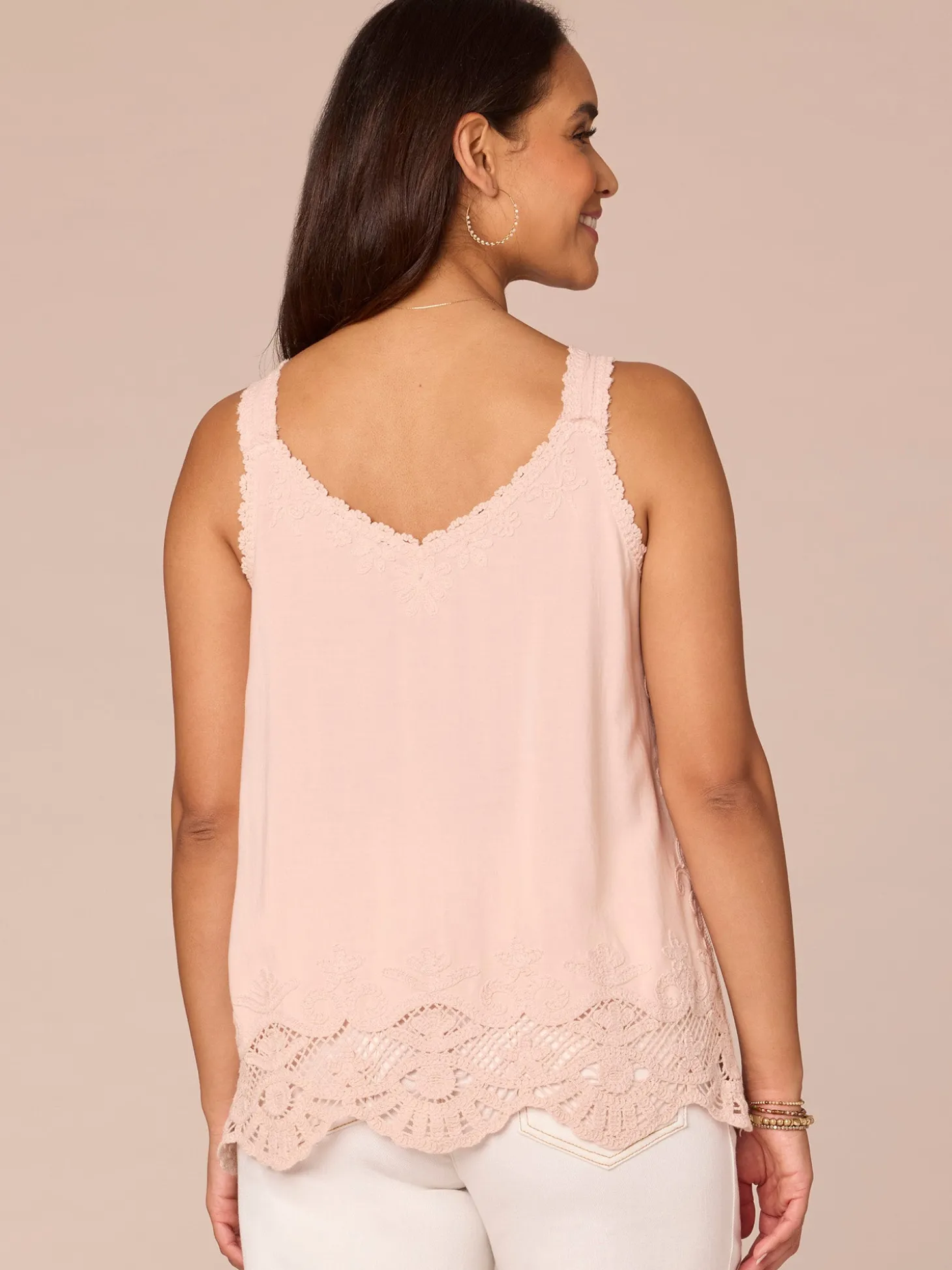 Sleeveless V-Neck Embroidered Scallop Edge Hem Woven Tank Top