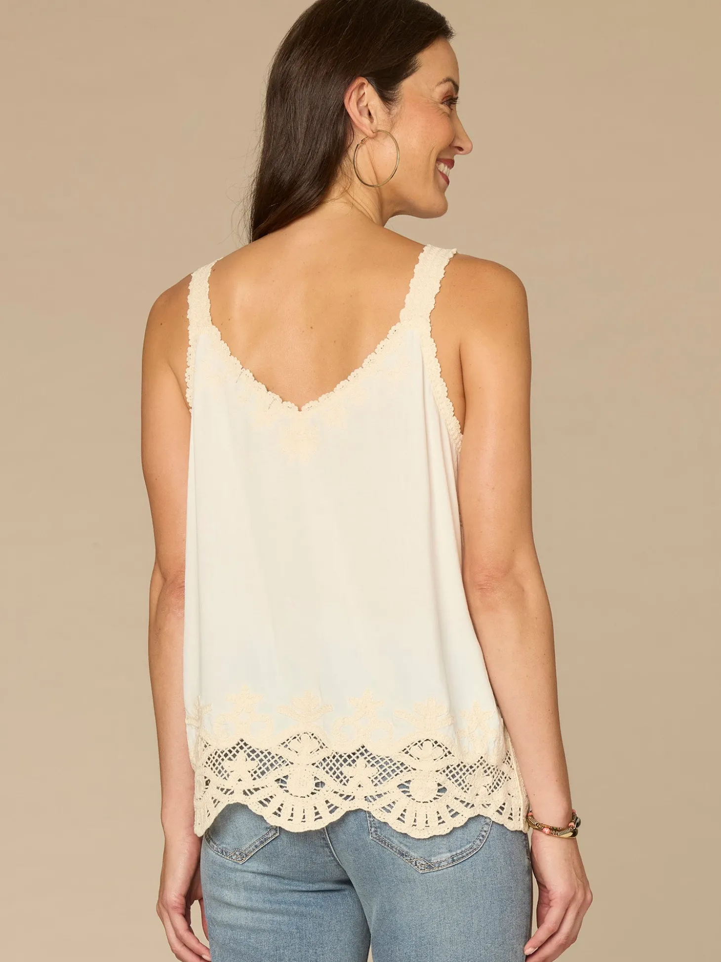 Sleeveless V-Neck Embroidered Scallop Edge Hem Woven Tank Top