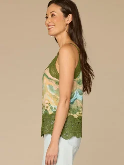 Sleeveless V-Neck Scallop Edge Printed Embroidered Woven Tank Top