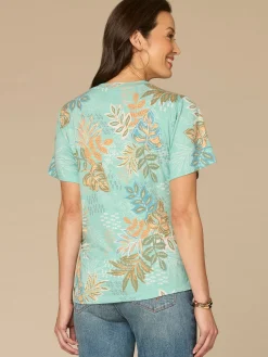 Slight Bell Sleeve Scoop Neck Side Tie Hem Printed Petite Knit Top