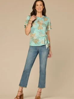 Slight Bell Sleeve Scoop Neck Side Tie Hem Printed Petite Knit Top