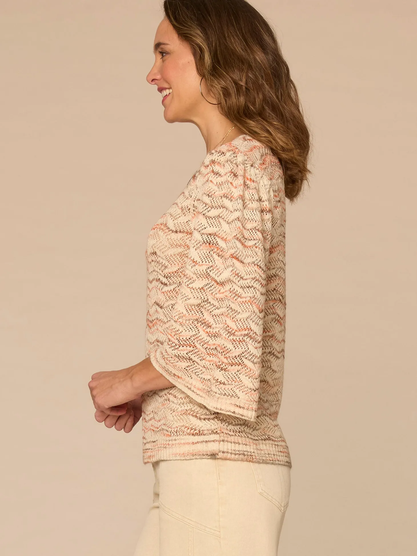 Three Quarter Bell Sleeve Round Neck Space Dye Pointelle Sweater Top