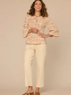 Three Quarter Bell Sleeve Round Neck Space Dye Pointelle Sweater Top