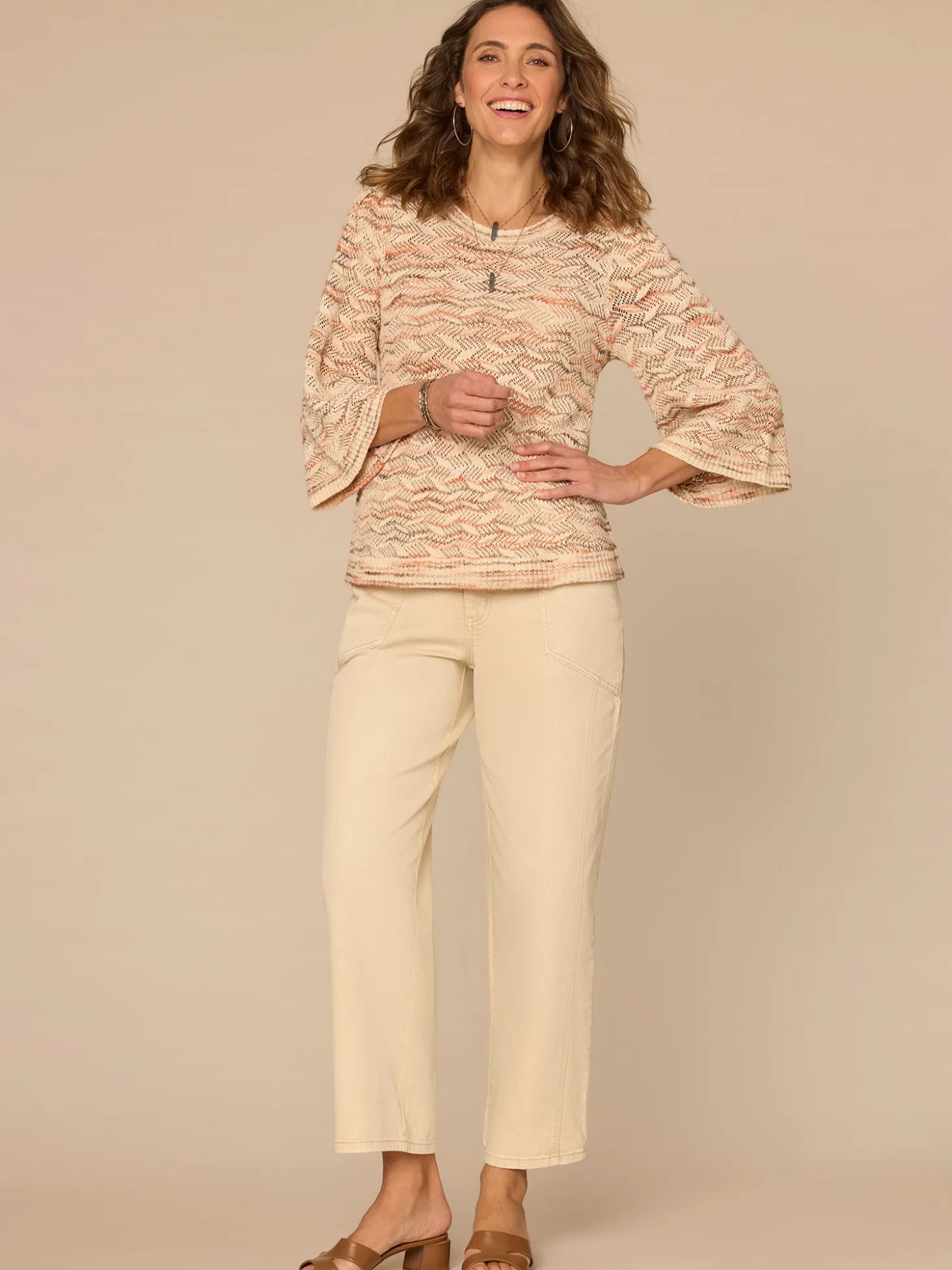 Three Quarter Bell Sleeve Round Neck Space Dye Pointelle Sweater Top