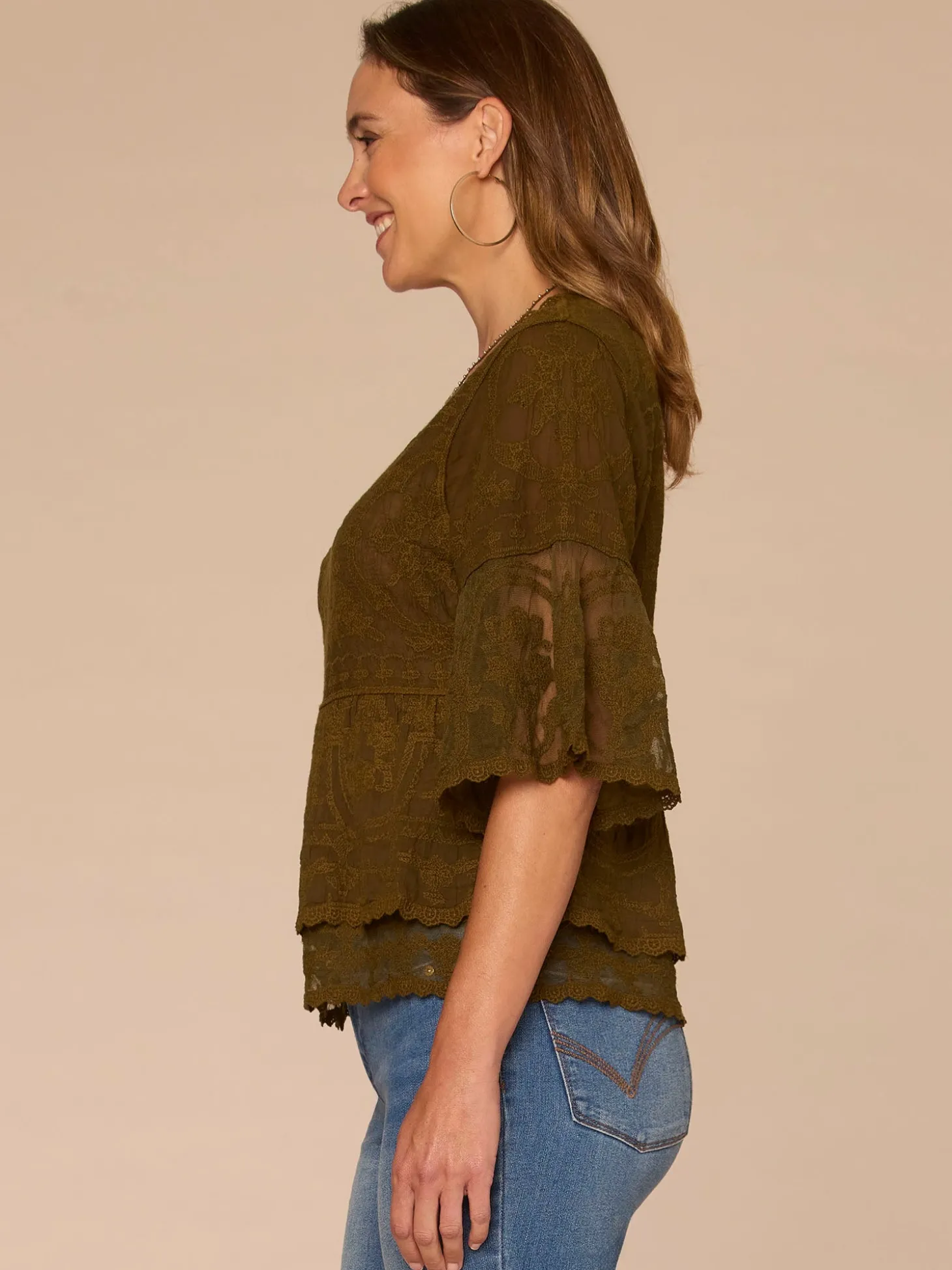 Three Quarter Bell Sleeve Scoop Neck Double Flounce Hem Woven Top
