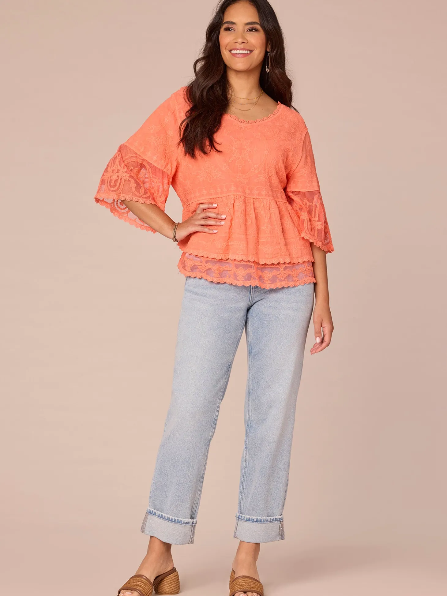 Three Quarter Bell Sleeve Scoop Neck Double Flounce Hem Woven Top