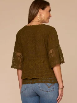 Three Quarter Bell Sleeve Scoop Neck Double Flounce Hem Woven Top
