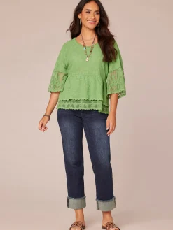 Three Quarter Bell Sleeve Scoop Neck Double Flounce Hem Woven Top