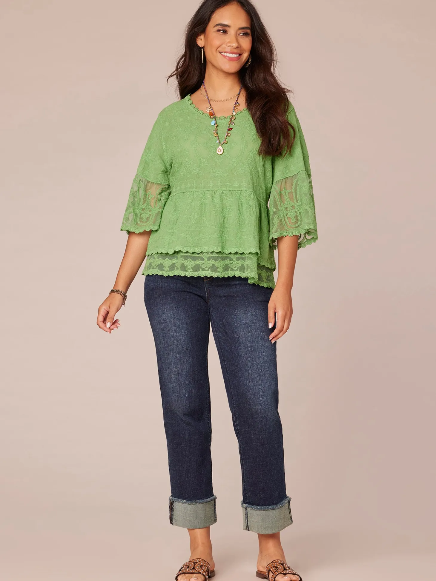 Three Quarter Bell Sleeve Scoop Neck Double Flounce Hem Woven Top