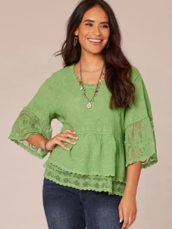 Three Quarter Bell Sleeve Scoop Neck Double Flounce Hem Woven Top