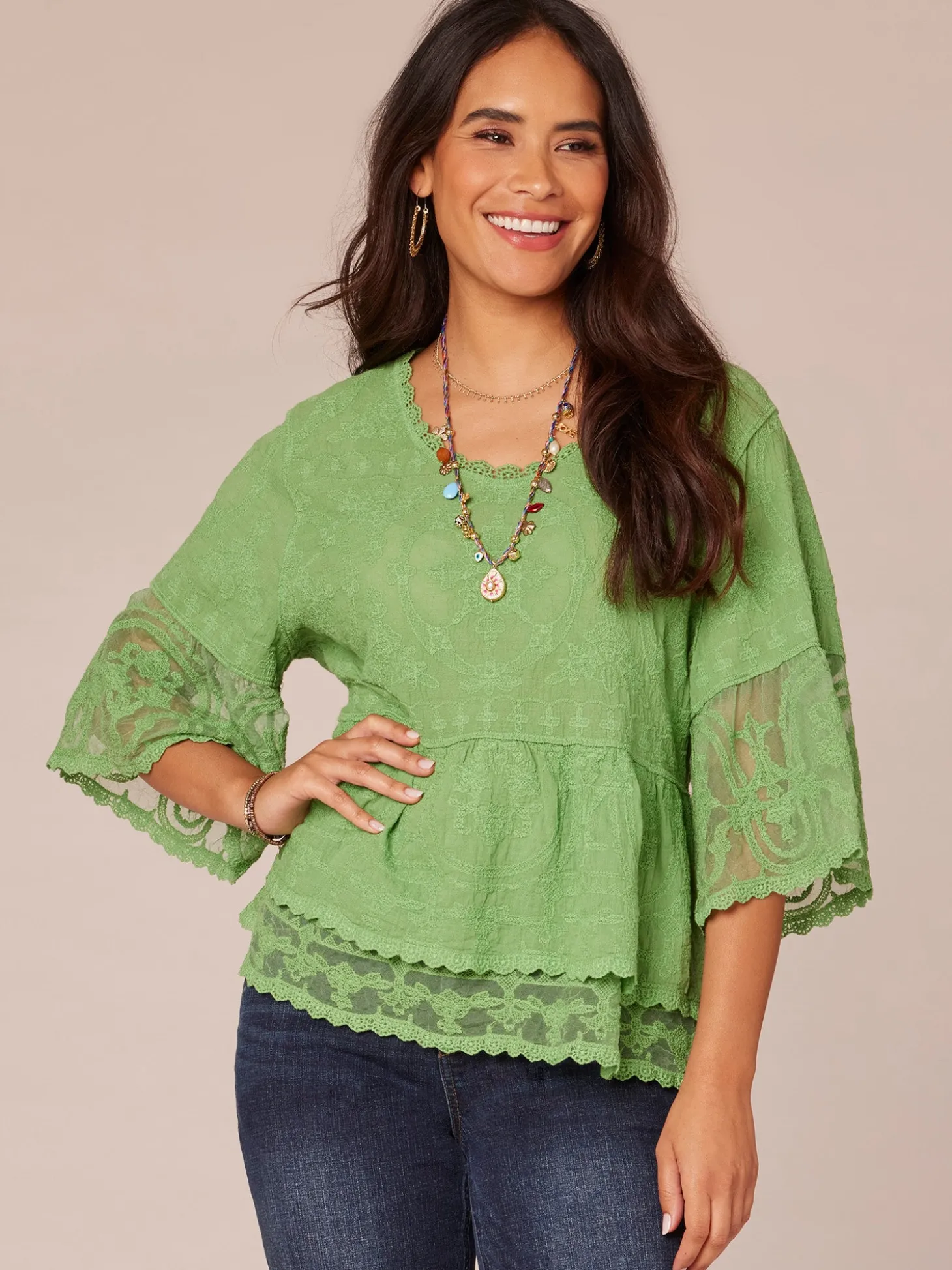 Three Quarter Bell Sleeve Scoop Neck Double Flounce Hem Woven Top