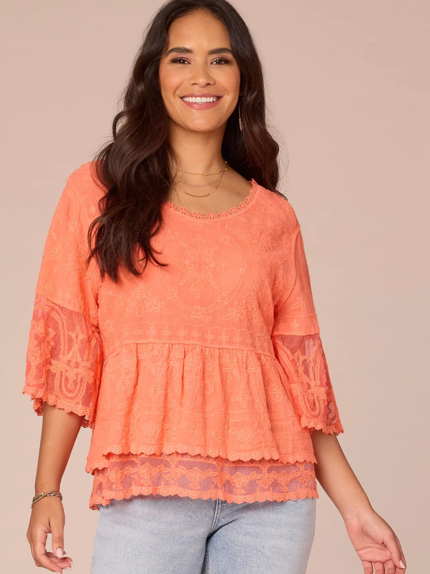 Three Quarter Bell Sleeve Scoop Neck Double Flounce Hem Woven Top