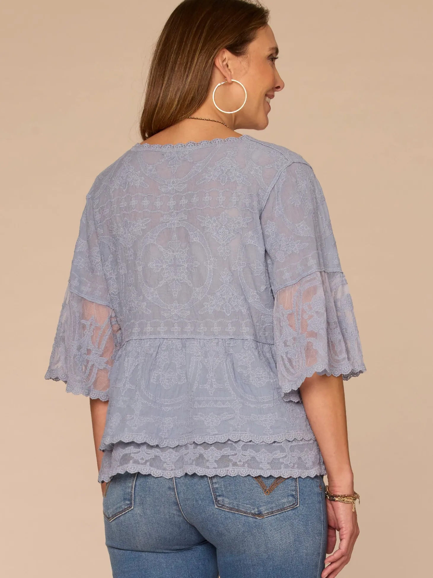 Three Quarter Bell Sleeve Scoop Neck Double Flounce Hem Woven Top