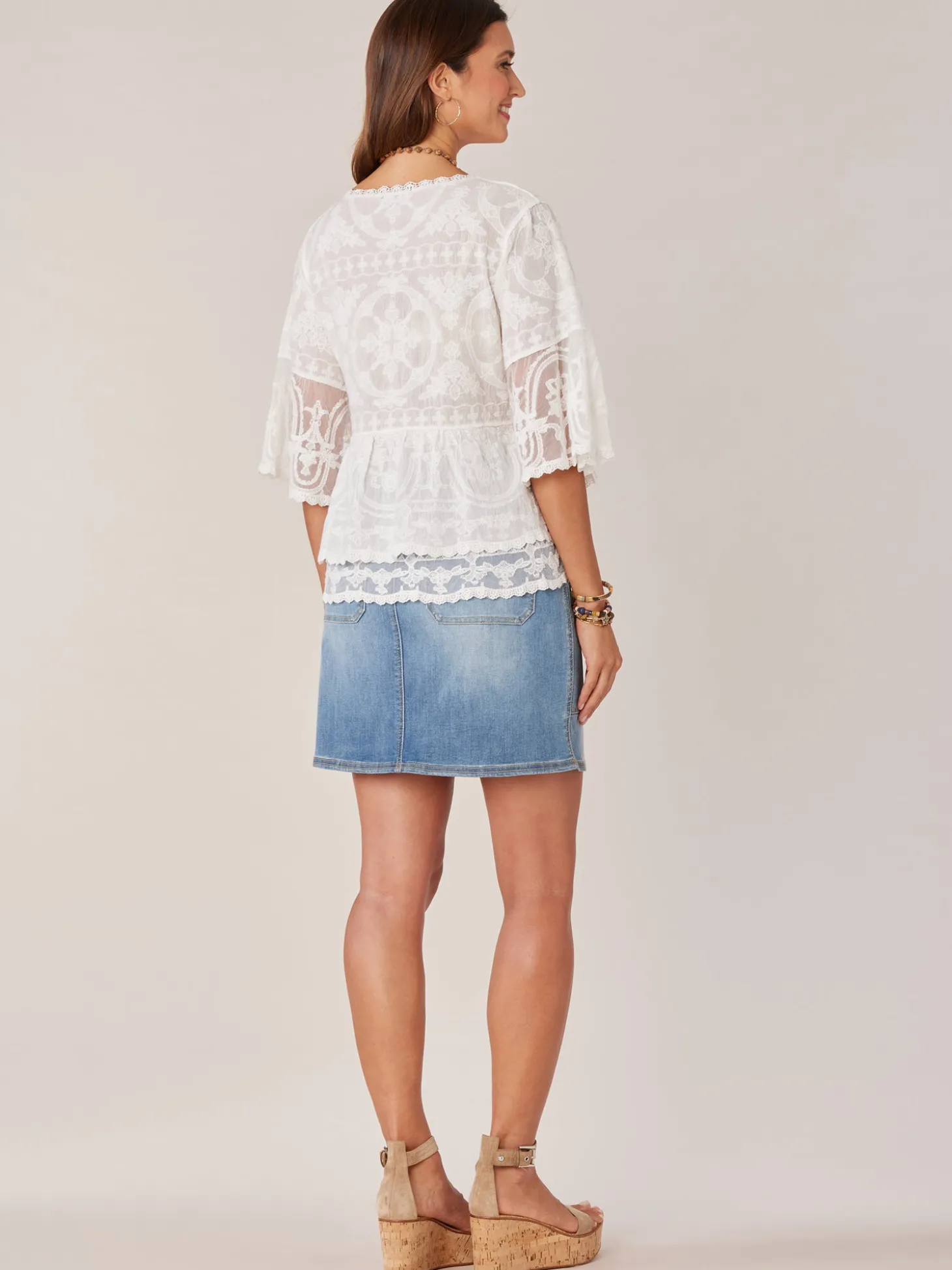 Three Quarter Bell Sleeve Scoop Neck Double Flounce Hem Woven Top