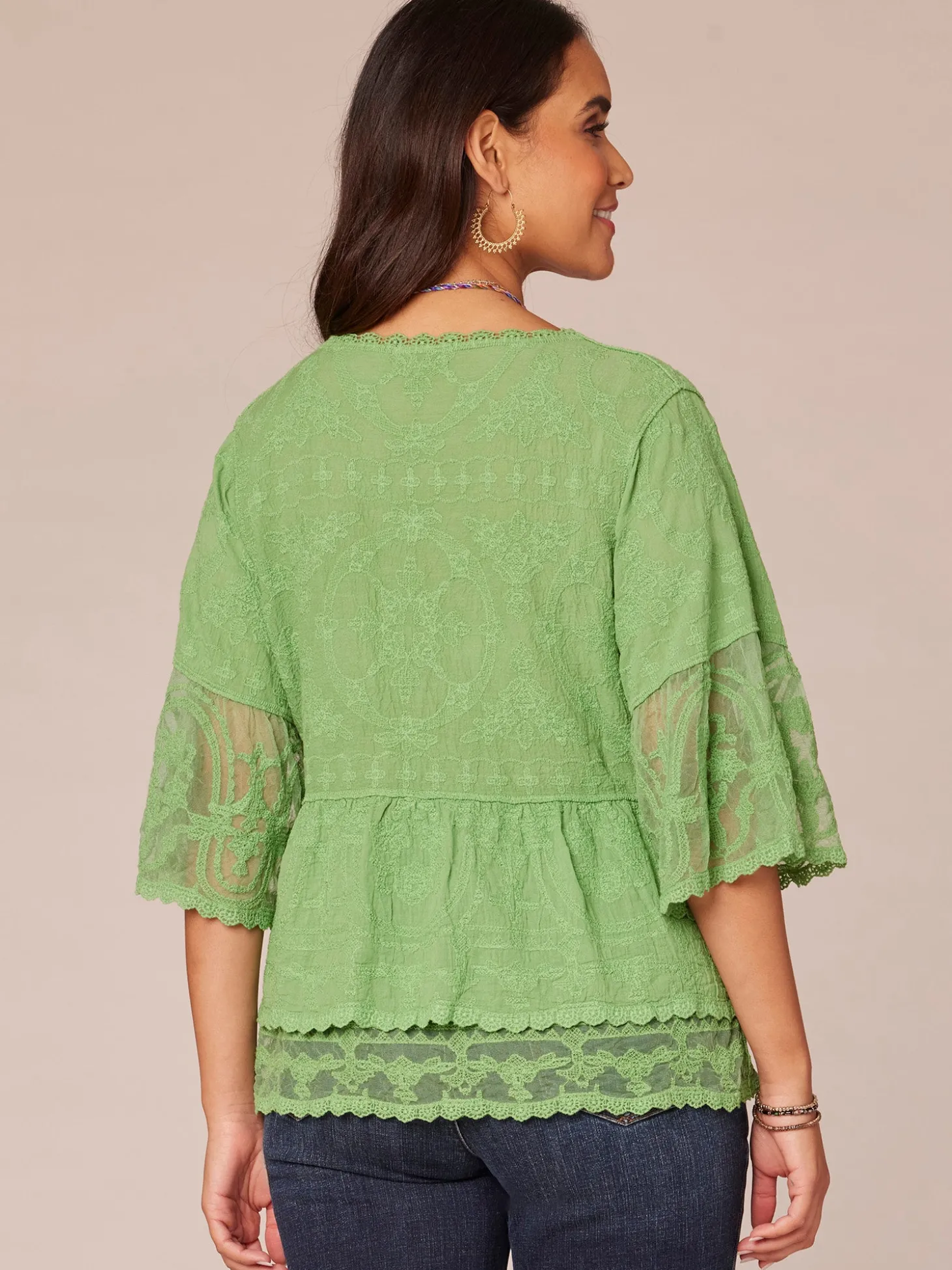 Three Quarter Bell Sleeve Scoop Neck Double Flounce Hem Woven Top