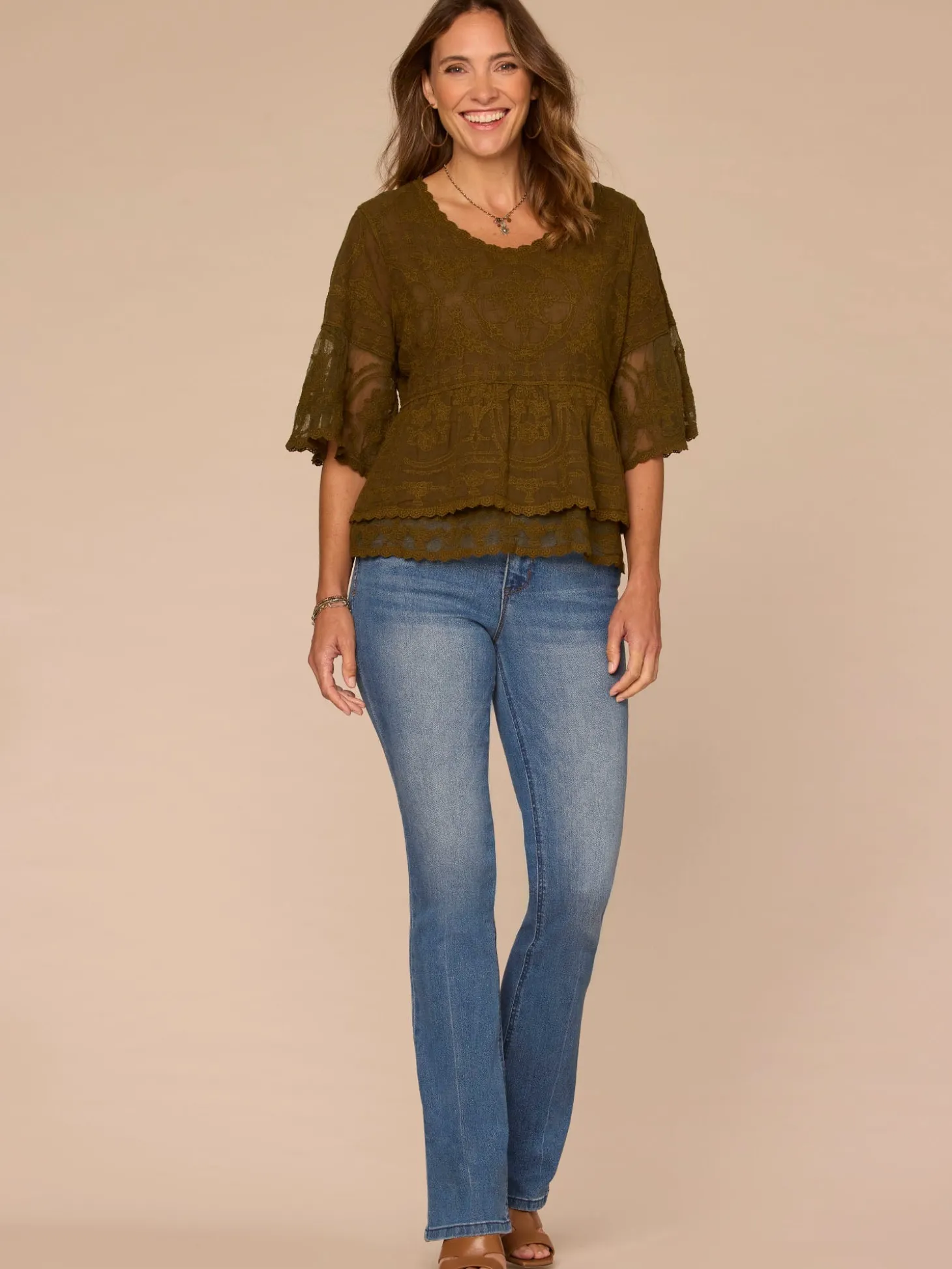 Three Quarter Bell Sleeve Scoop Neck Double Flounce Hem Woven Top