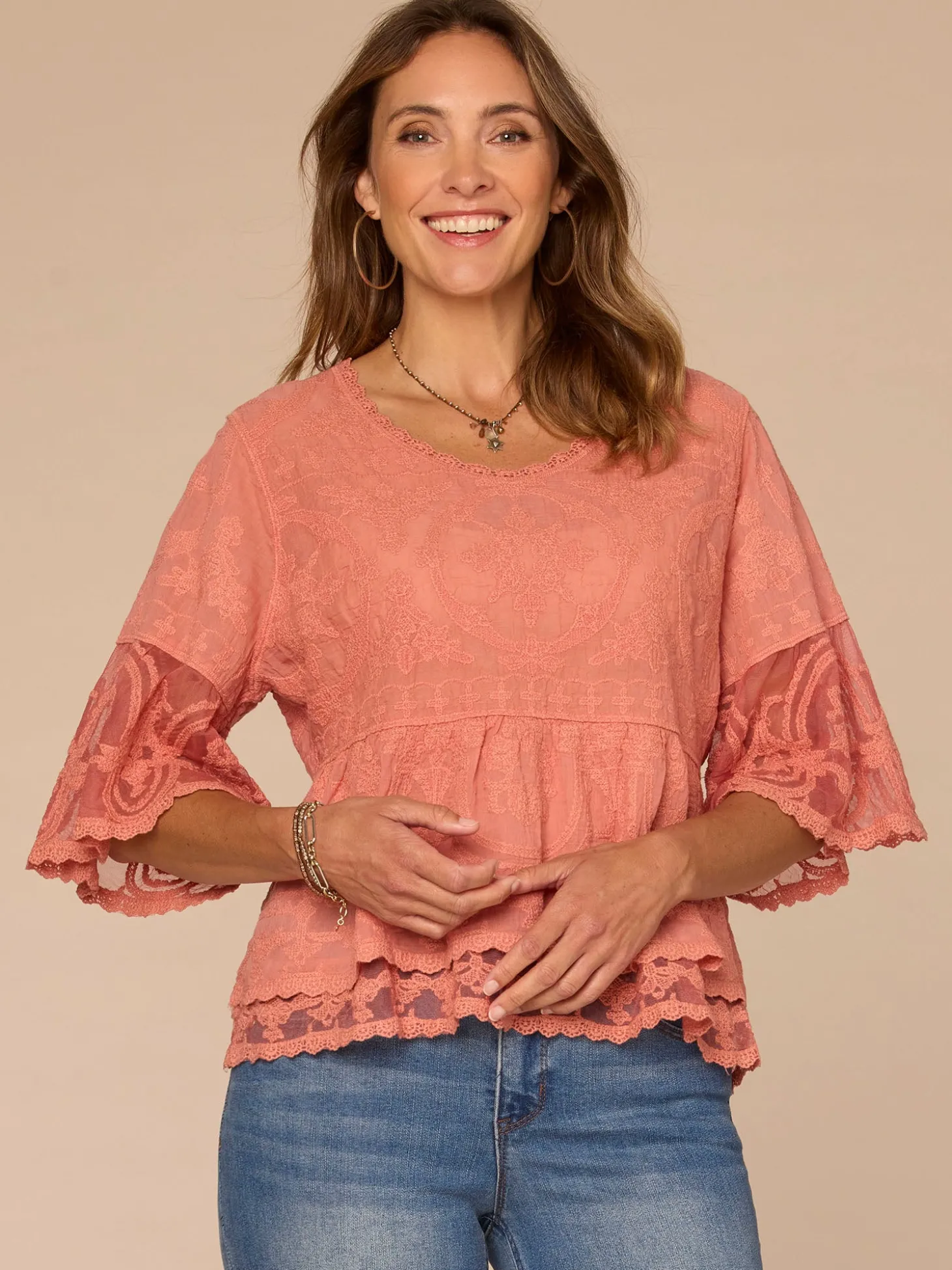 Three Quarter Bell Sleeve Scoop Neck Double Flounce Hem Woven Top