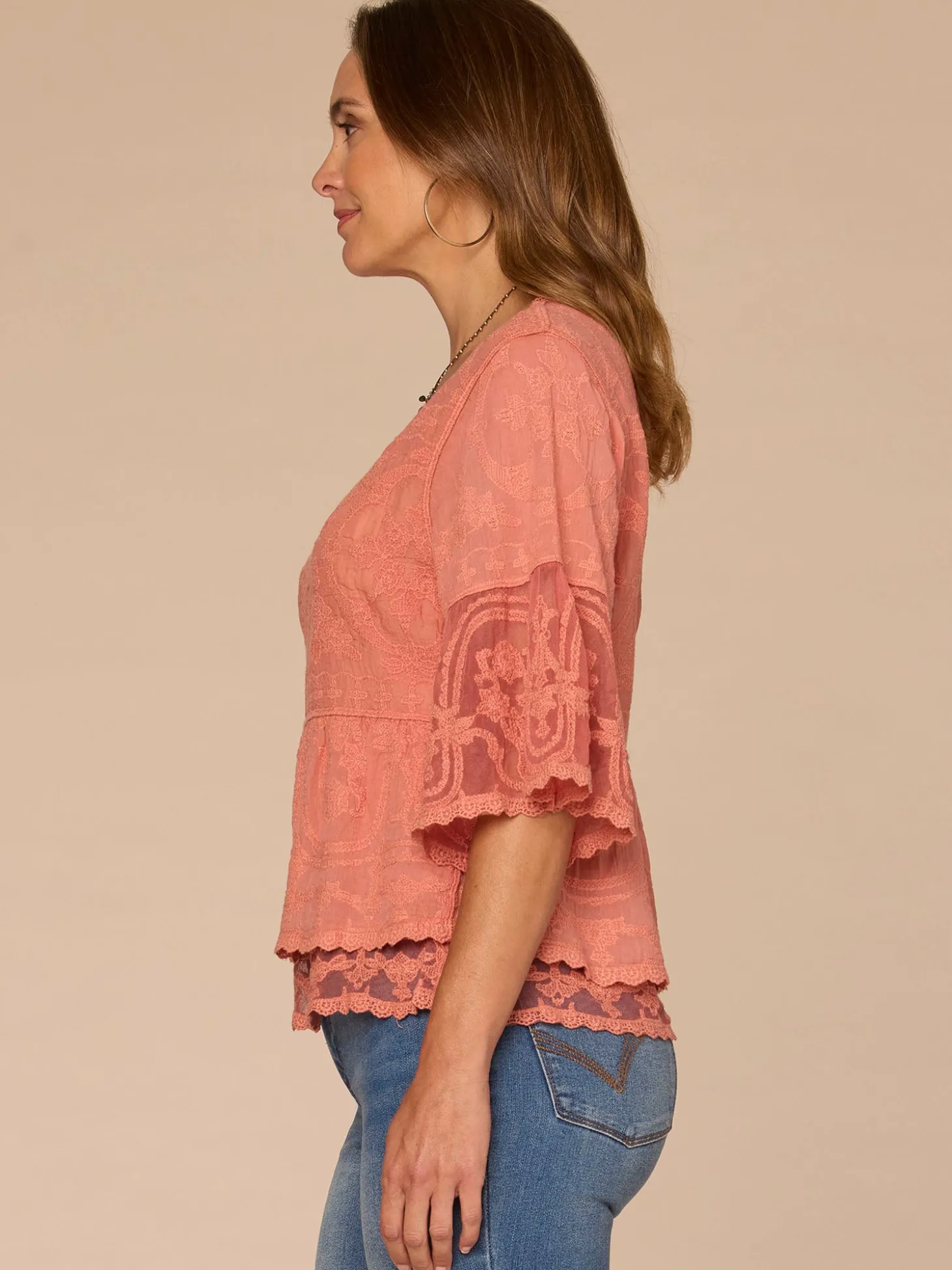 Three Quarter Bell Sleeve Scoop Neck Double Flounce Hem Woven Top