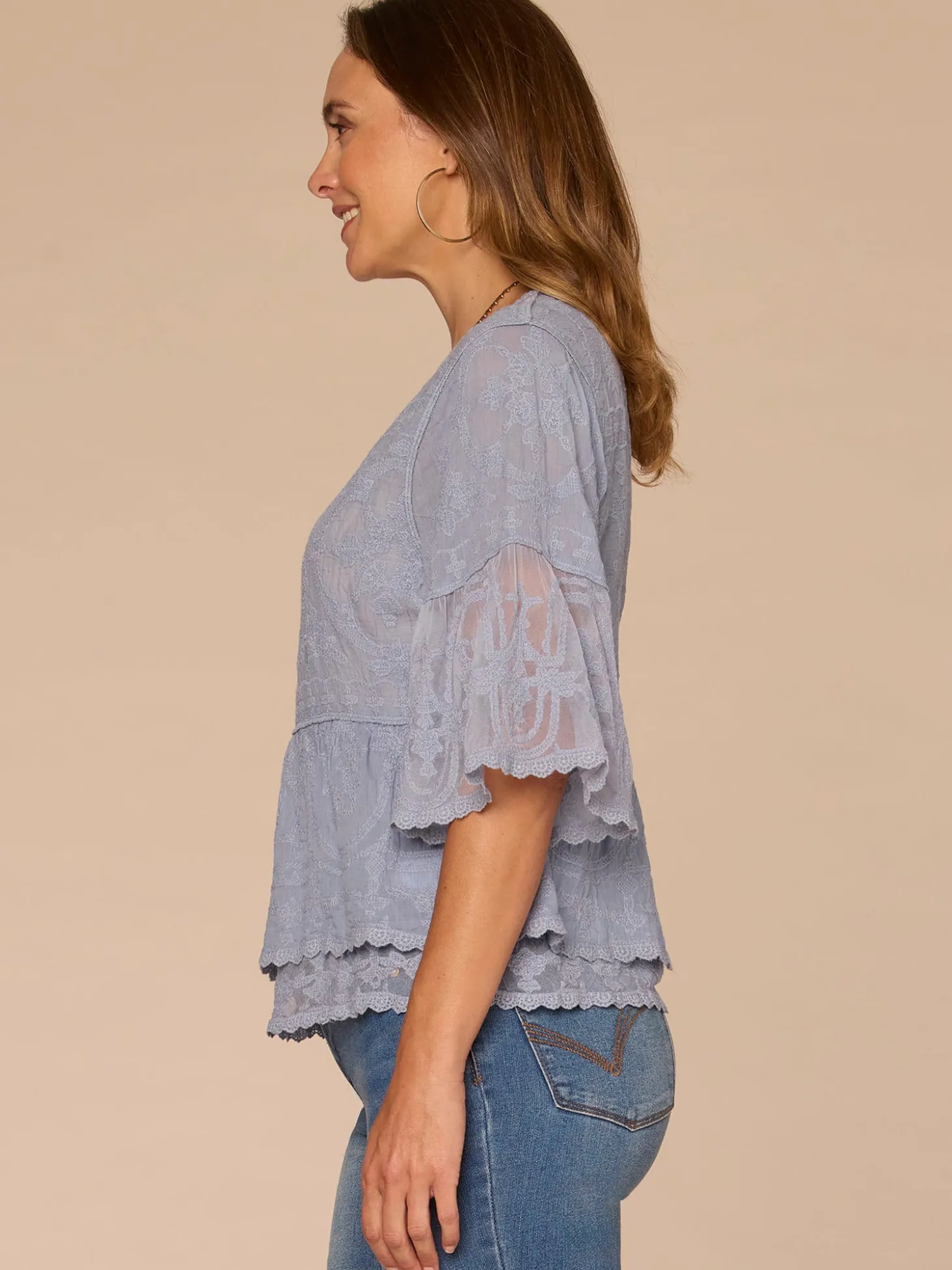 Three Quarter Bell Sleeve Scoop Neck Double Flounce Hem Woven Top