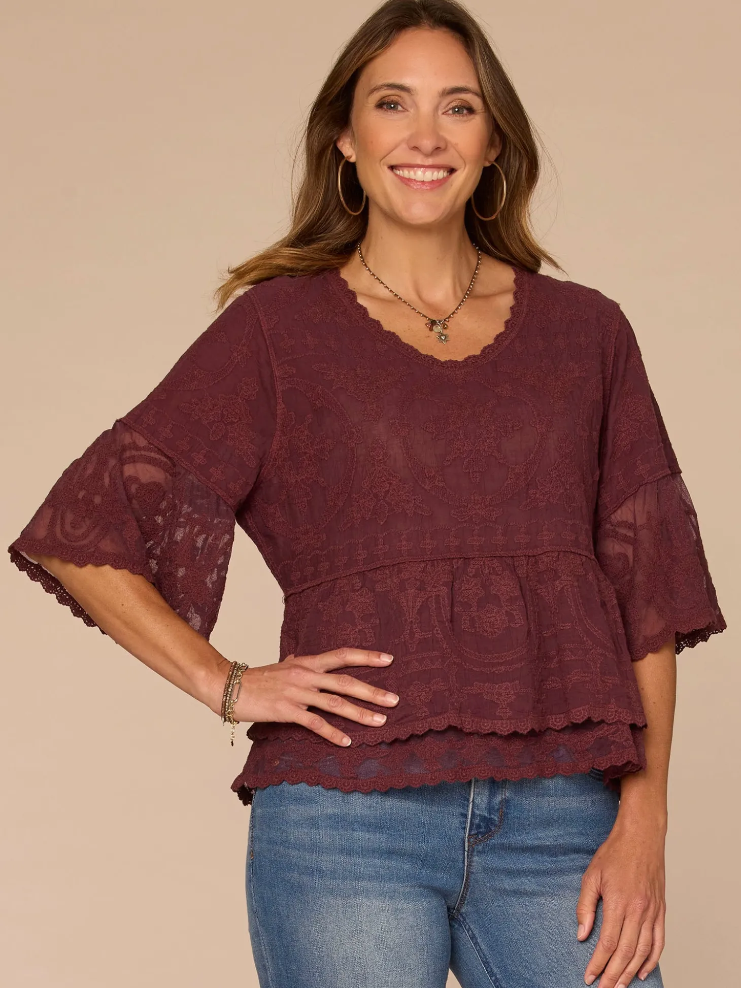 Three Quarter Bell Sleeve Scoop Neck Double Flounce Hem Woven Top