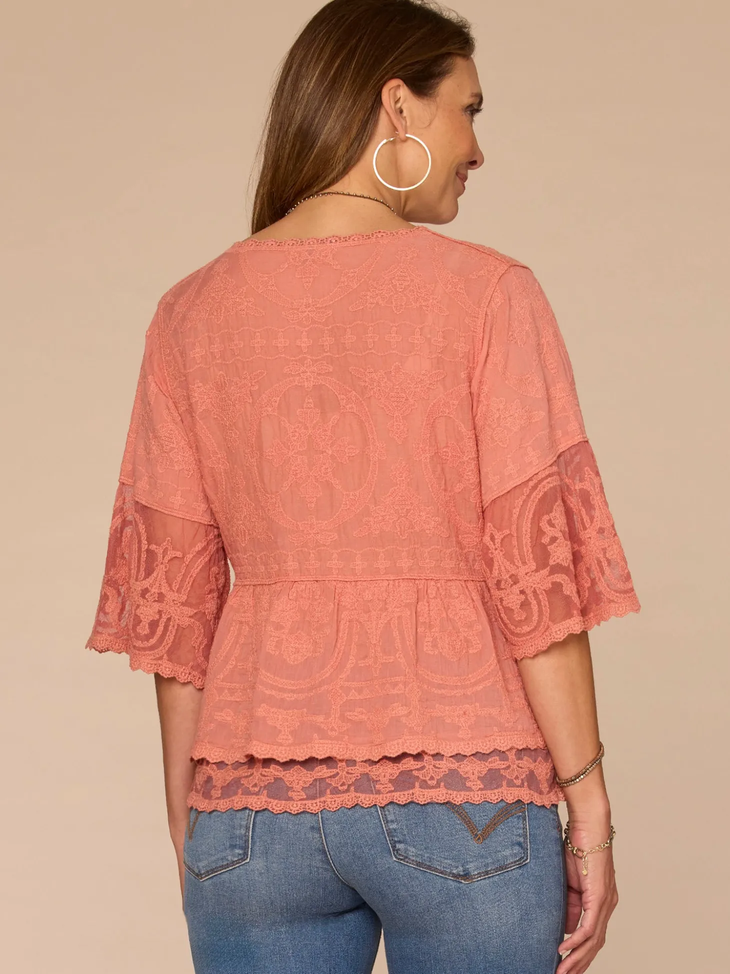 Three Quarter Bell Sleeve Scoop Neck Double Flounce Hem Woven Top