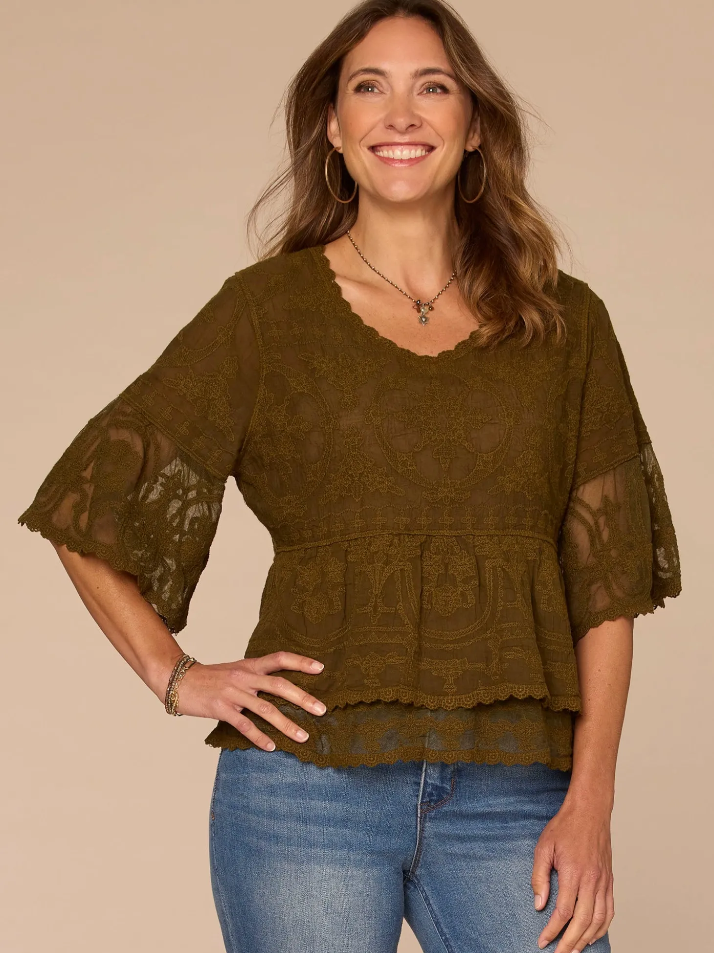Three Quarter Bell Sleeve Scoop Neck Double Flounce Hem Woven Top