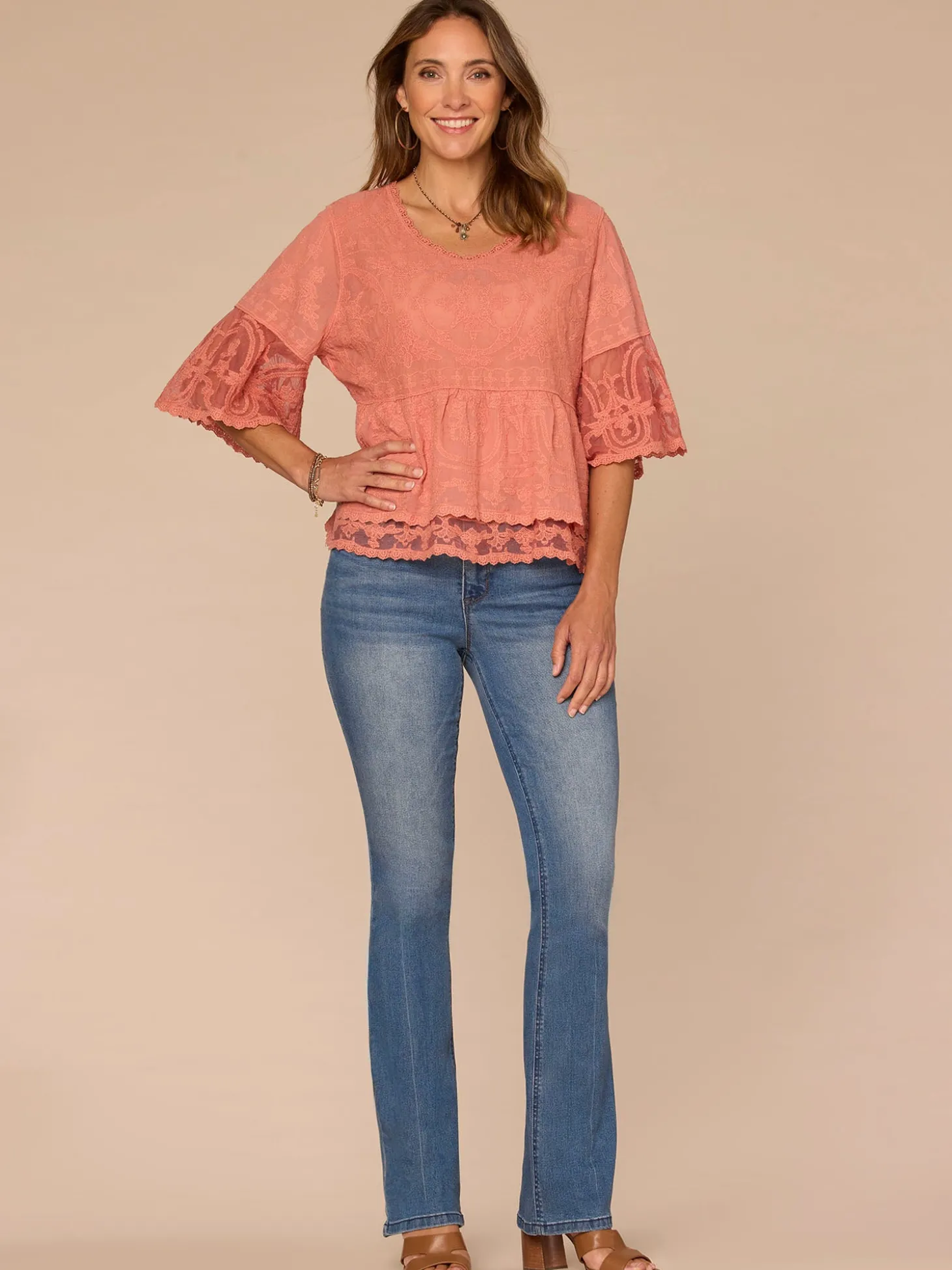 Three Quarter Bell Sleeve Scoop Neck Double Flounce Hem Woven Top