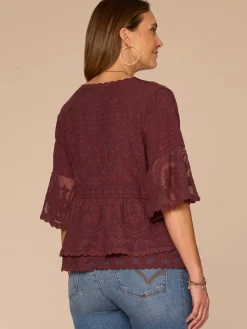 Three Quarter Bell Sleeve Scoop Neck Double Flounce Hem Woven Top