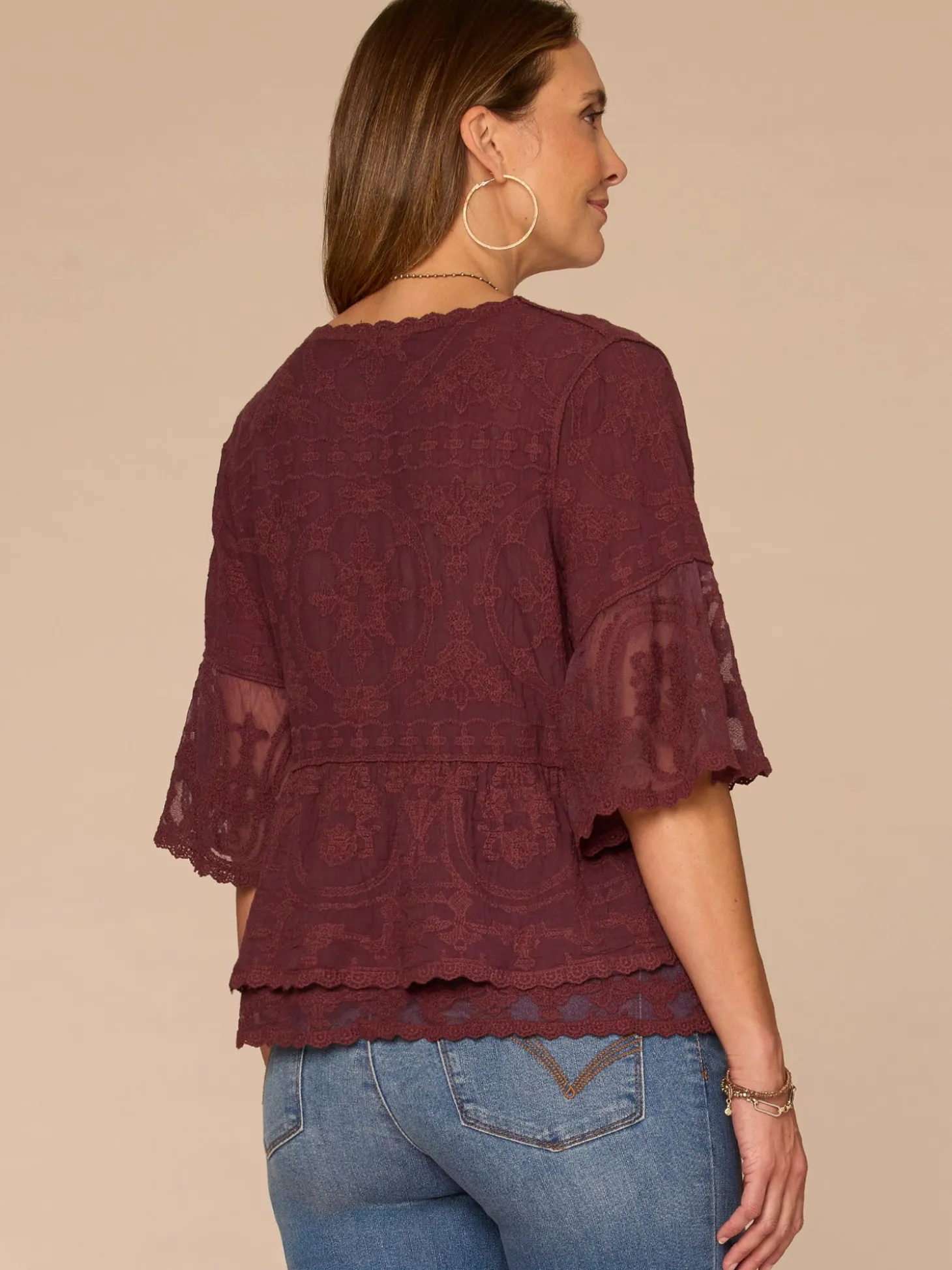 Three Quarter Bell Sleeve Scoop Neck Double Flounce Hem Woven Top