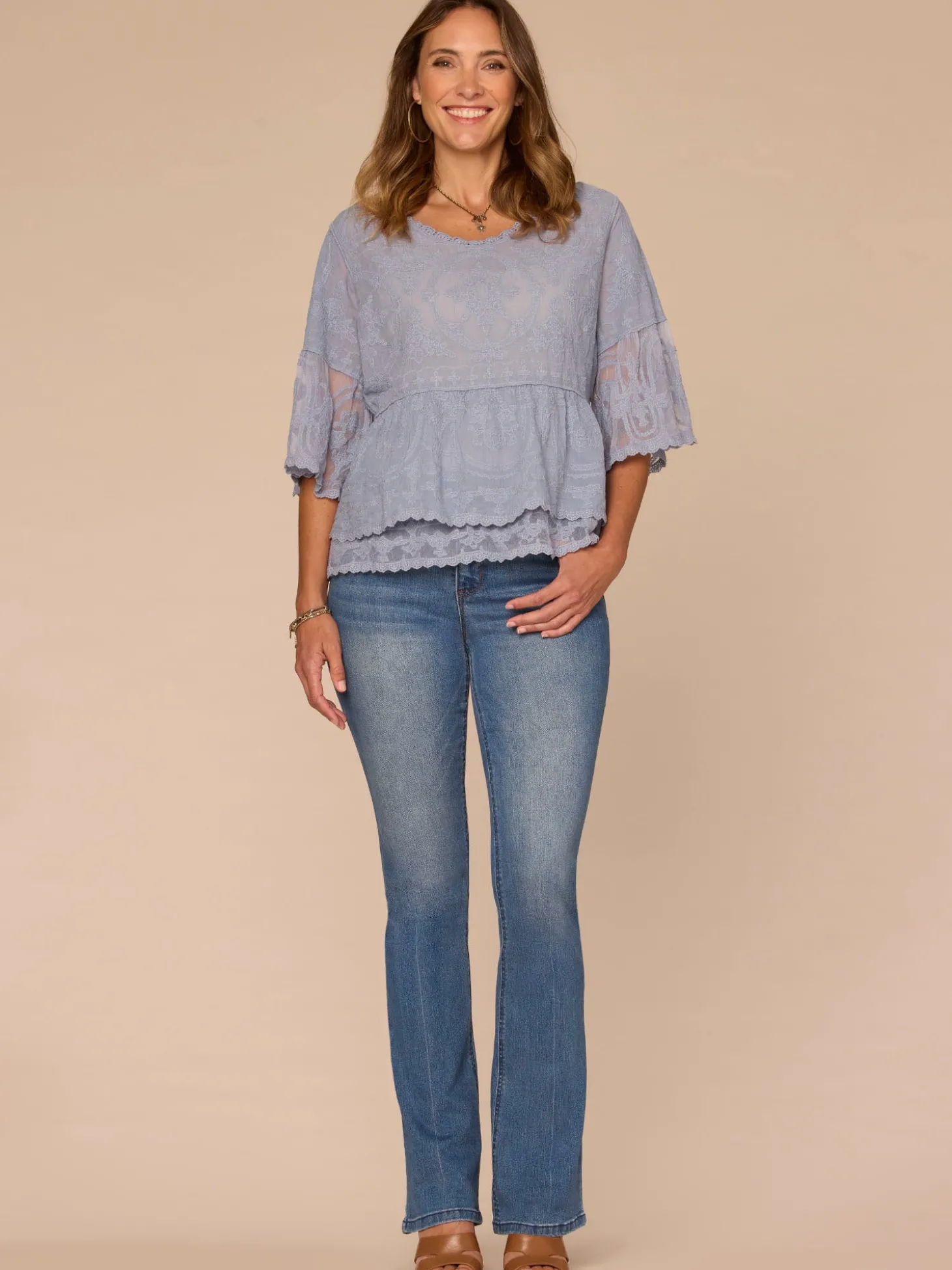 Three Quarter Bell Sleeve Scoop Neck Double Flounce Hem Woven Top