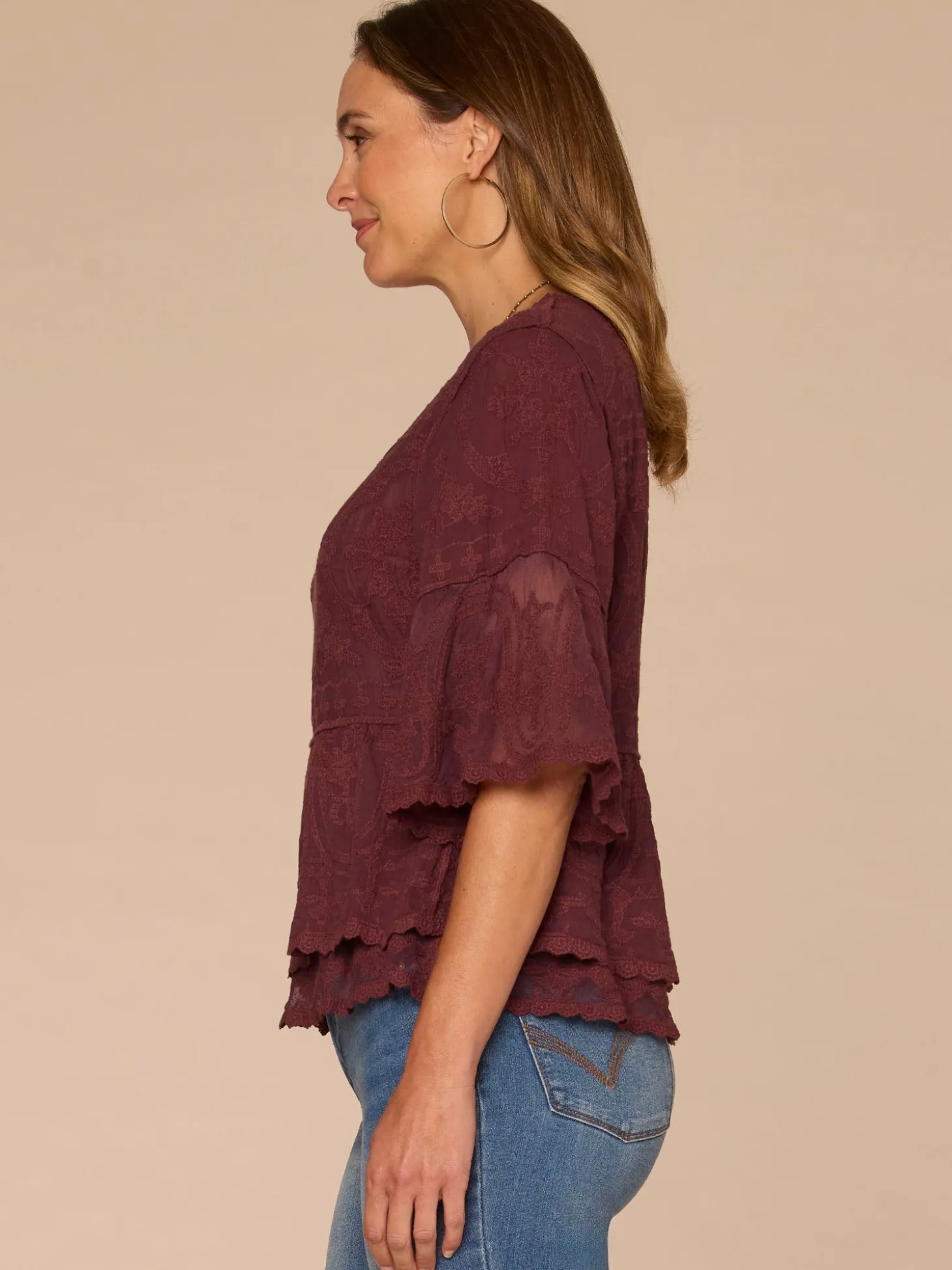 Three Quarter Bell Sleeve Scoop Neck Double Flounce Hem Woven Top