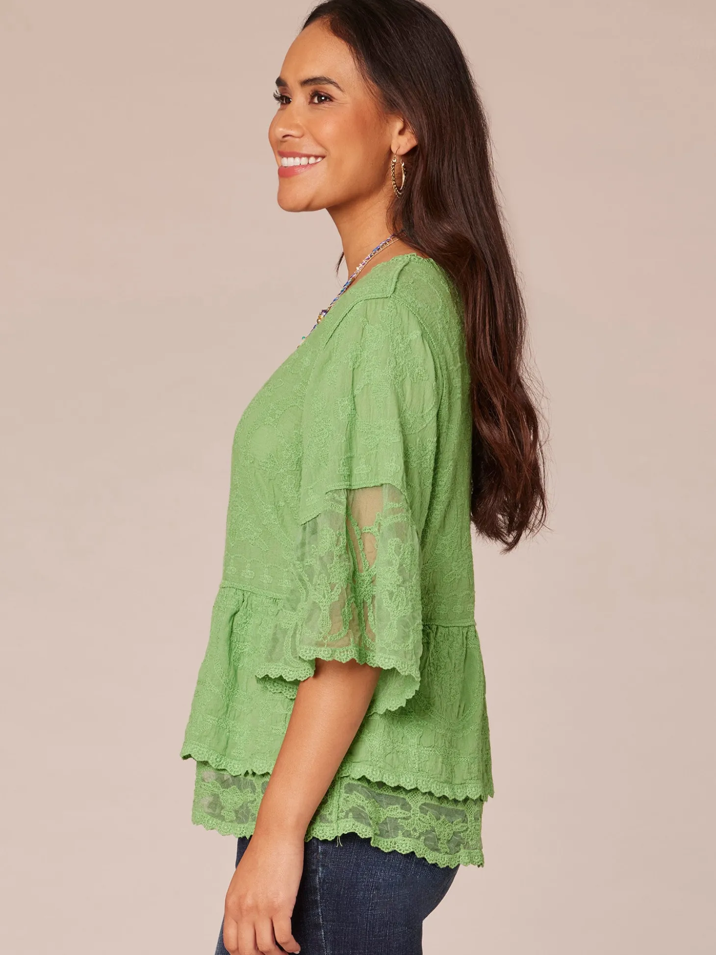 Three Quarter Bell Sleeve Scoop Neck Double Flounce Hem Woven Top