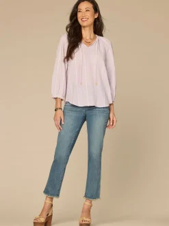 Three Quarter Blouson Sleeve Split Neck Crochet Petite Woven Top