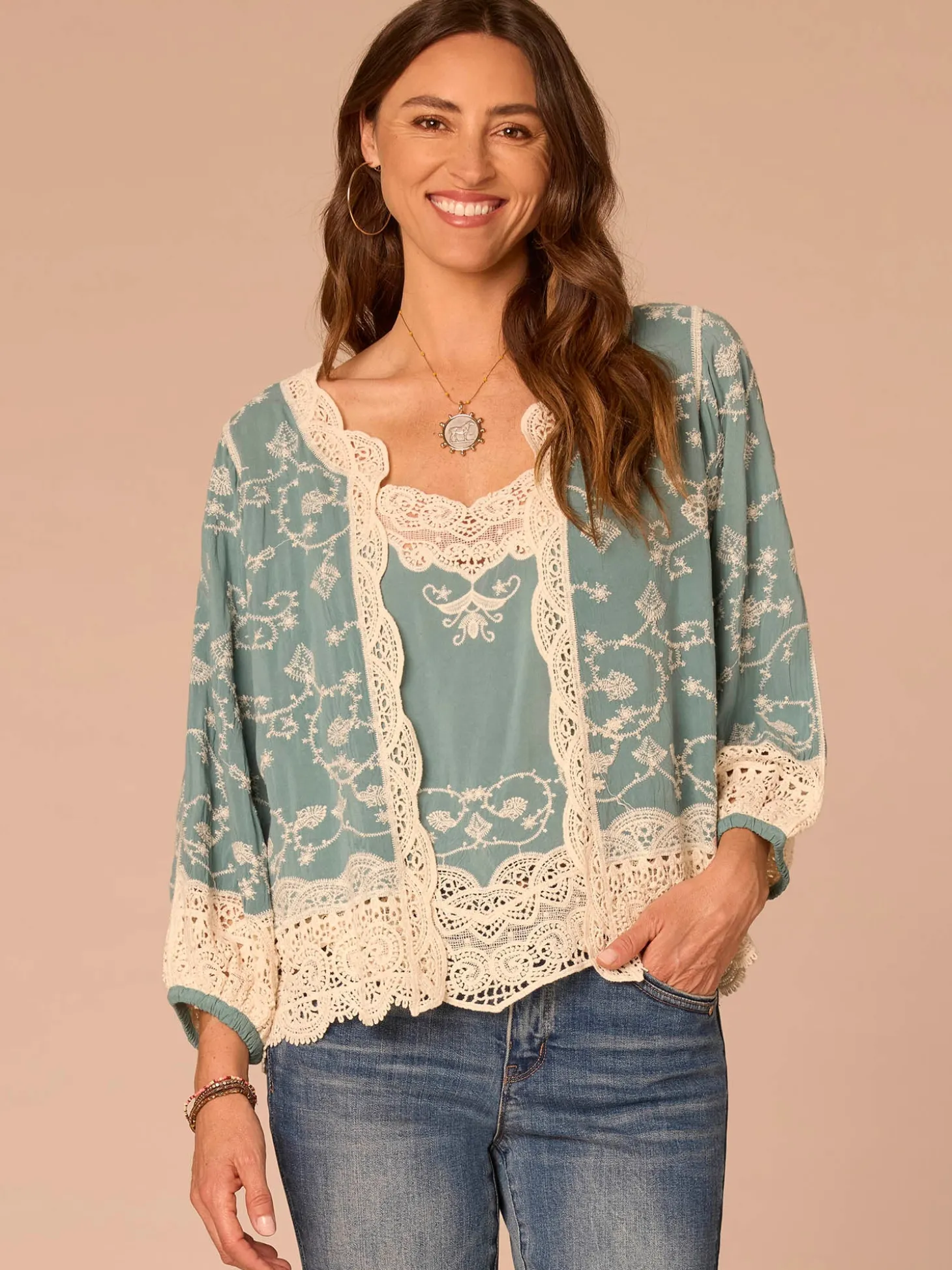 Three Quarter Blouson Sleeve Open Front Cropped Woven Jacket