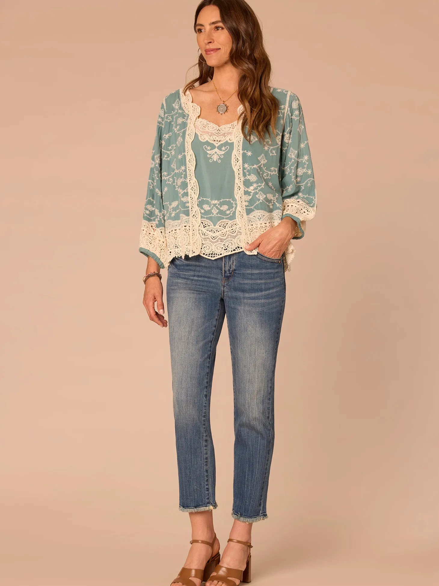 Three Quarter Blouson Sleeve Open Front Cropped Woven Jacket