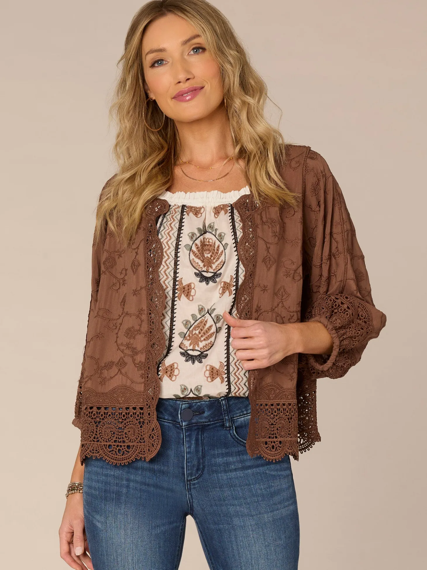 Three Quarter Blouson Sleeve Open Front Cropped Woven Jacket