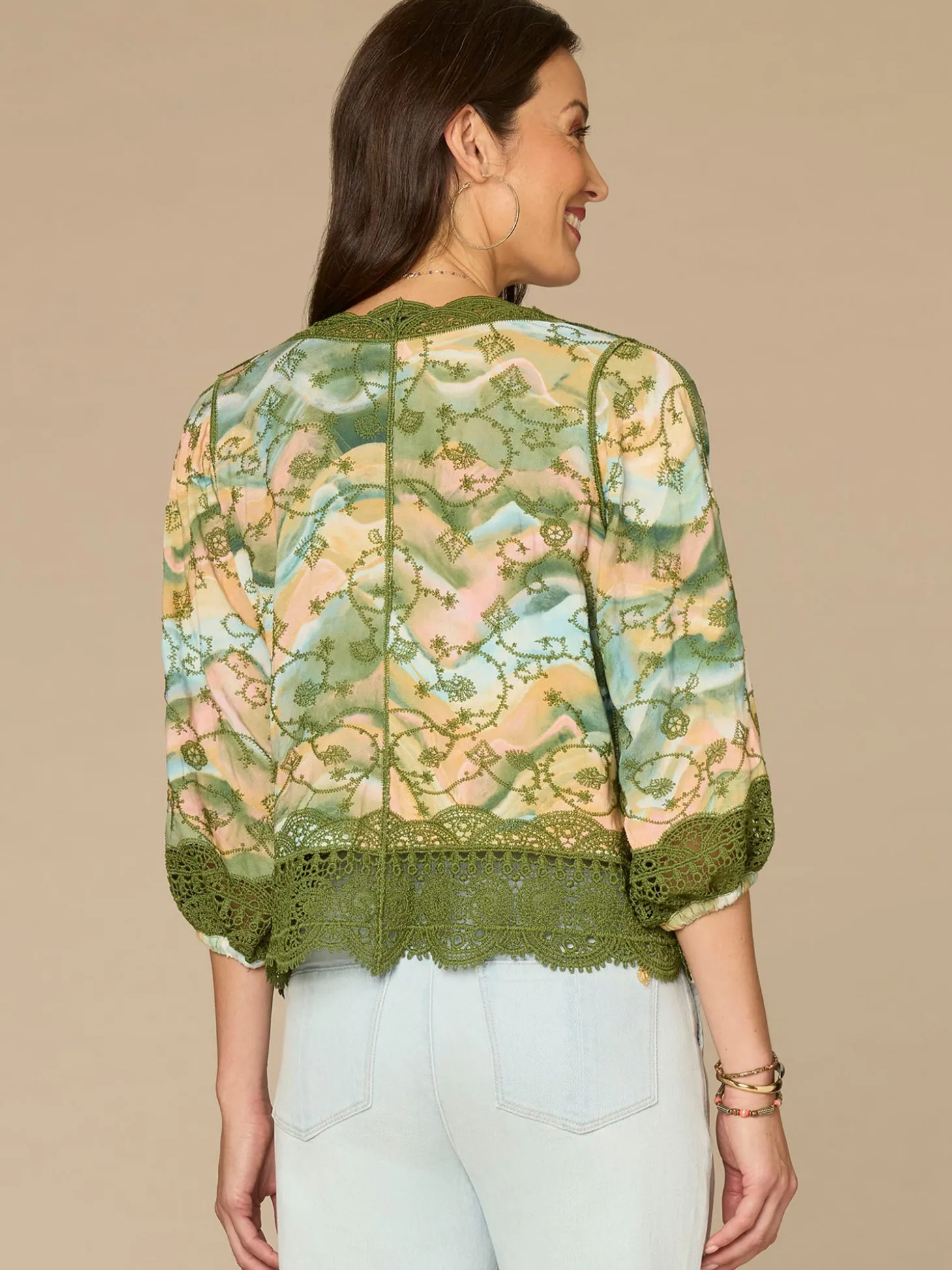 Three Quarter Blouson Sleeve Open Front Crochet Framing Crop Jacket