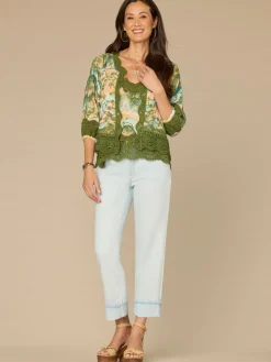 Three Quarter Blouson Sleeve Open Front Crochet Framing Crop Jacket