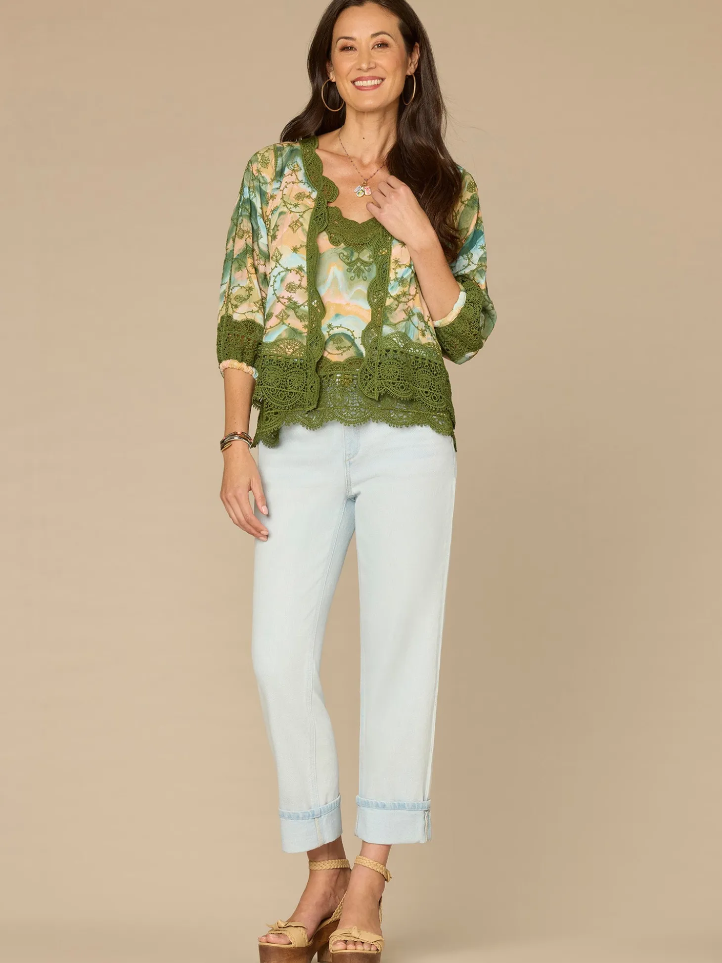 Three Quarter Blouson Sleeve Open Front Crochet Framing Crop Jacket