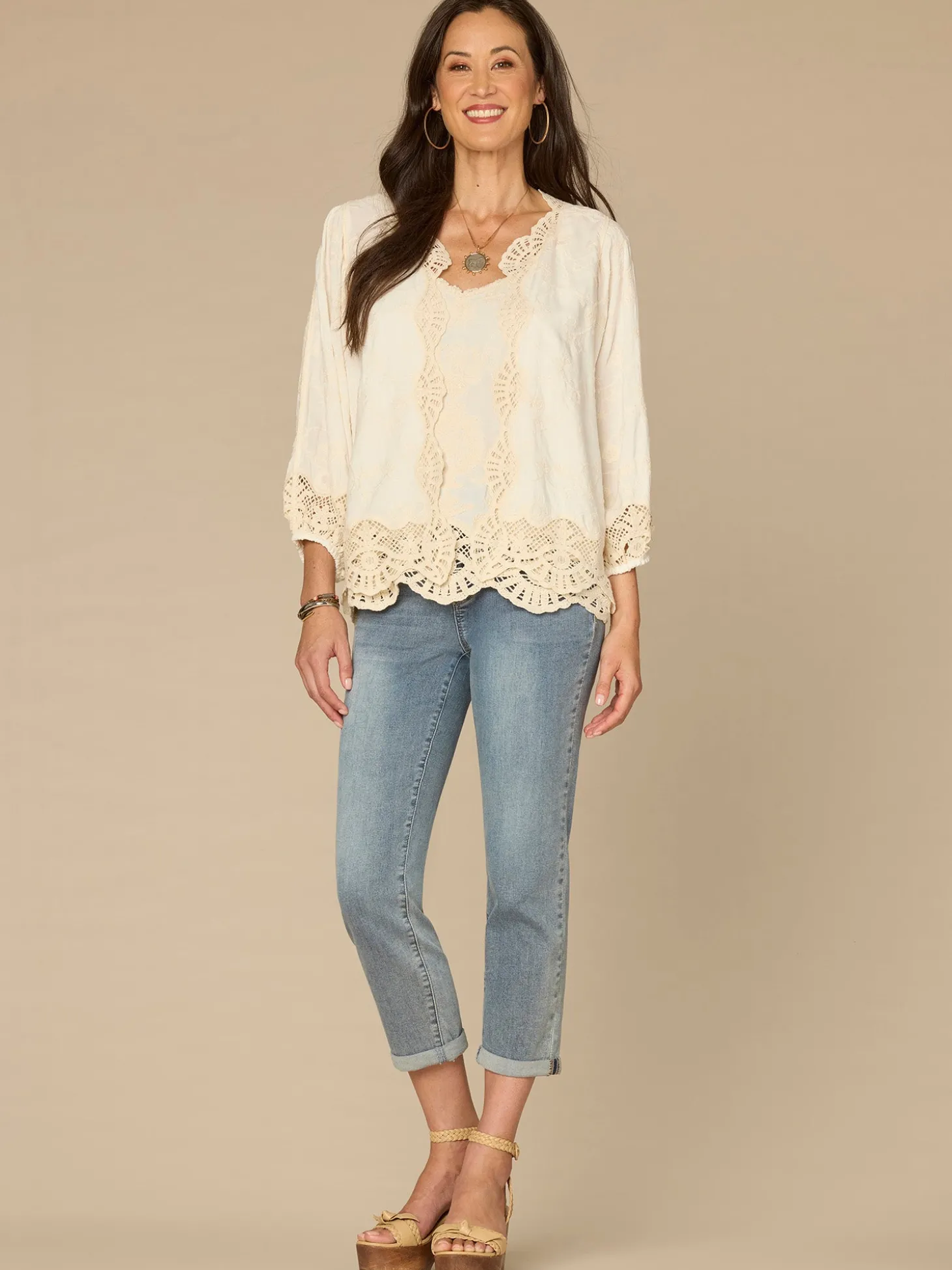 Three Quarter Blouson Sleeve Open Front Crochet Cropped Woven Jacket