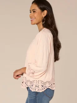 Three Quarter Blouson Sleeve Open Front Crochet Cropped Woven Jacket