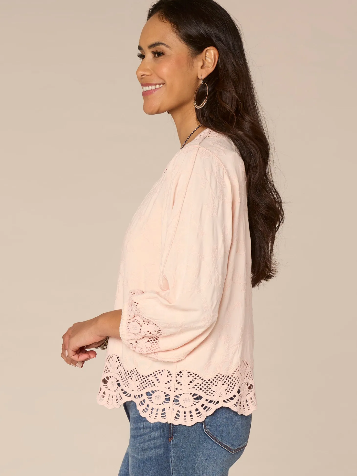 Three Quarter Blouson Sleeve Open Front Crochet Cropped Woven Jacket