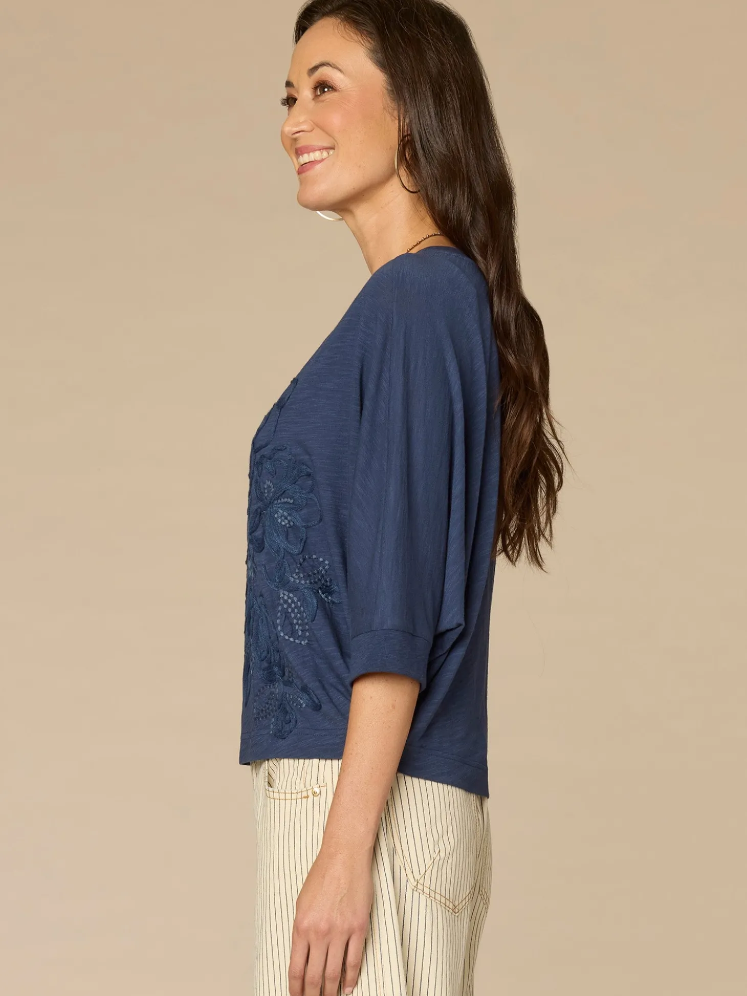 Three Quarter Dolman Sleeve Scoop Neck Embroidered Petite Knit Top